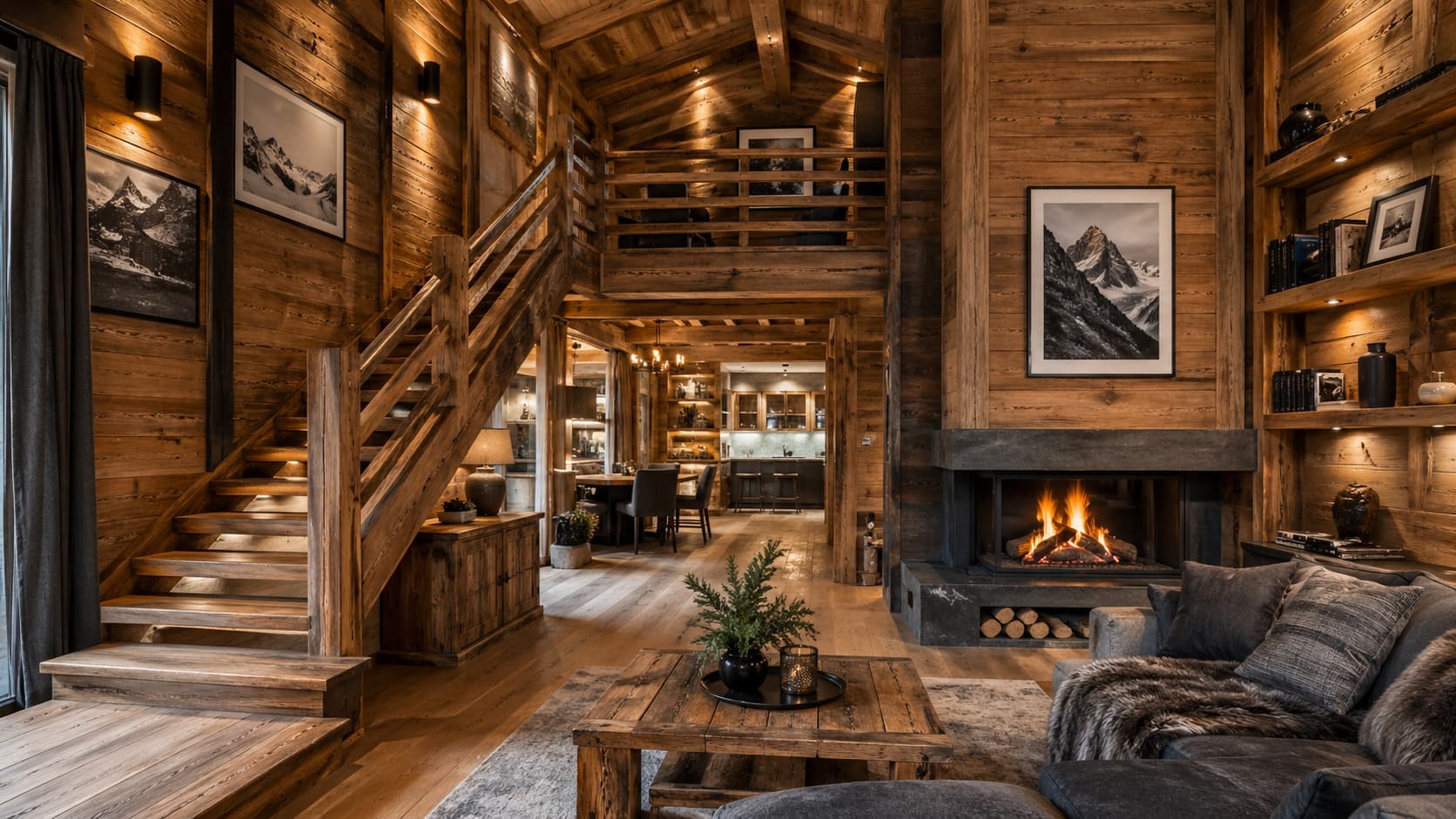 Alpine chalet interior with fireplace and timber staircase