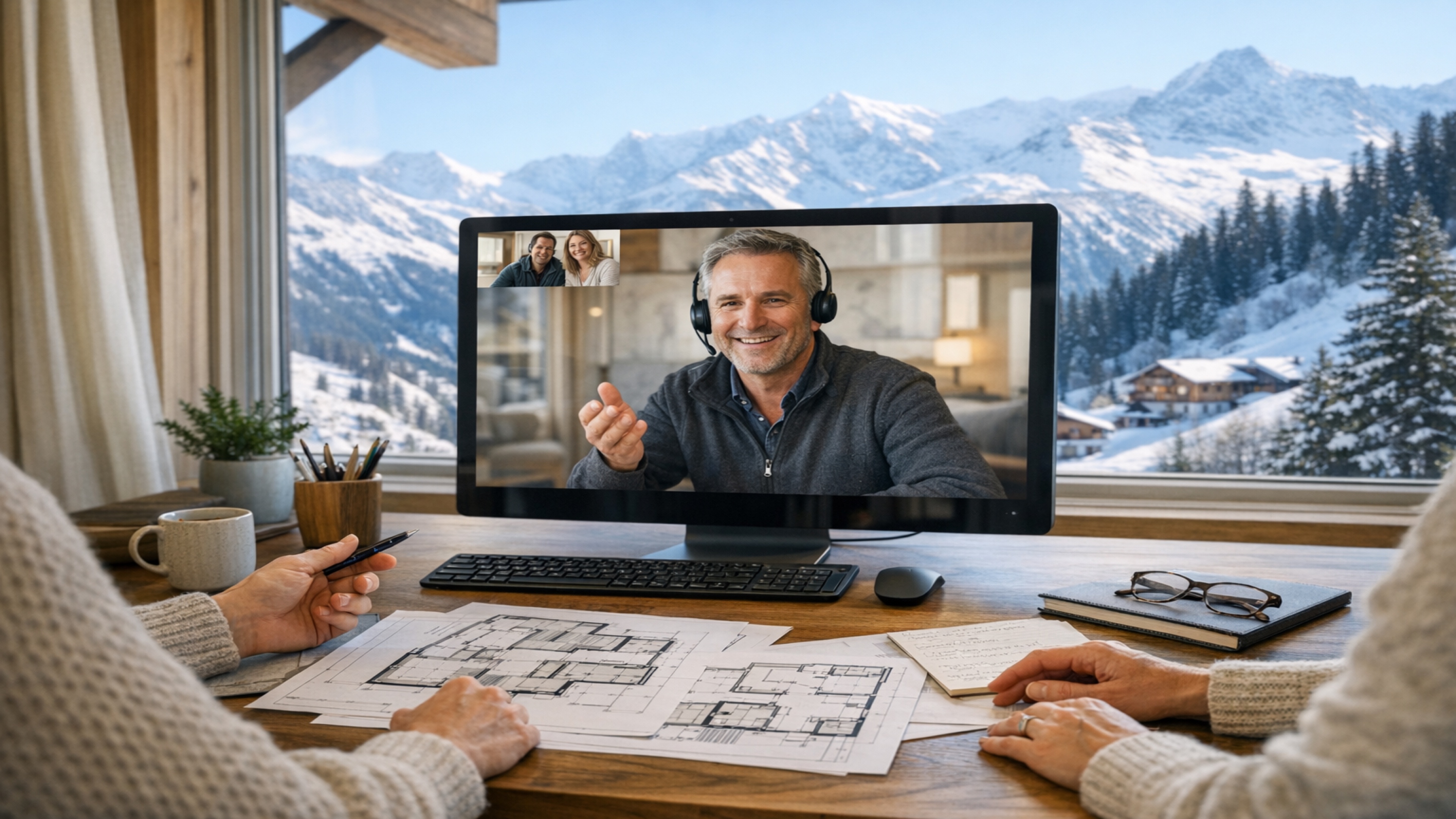 Remote ski property consultation with an Alpine mountain backdrop